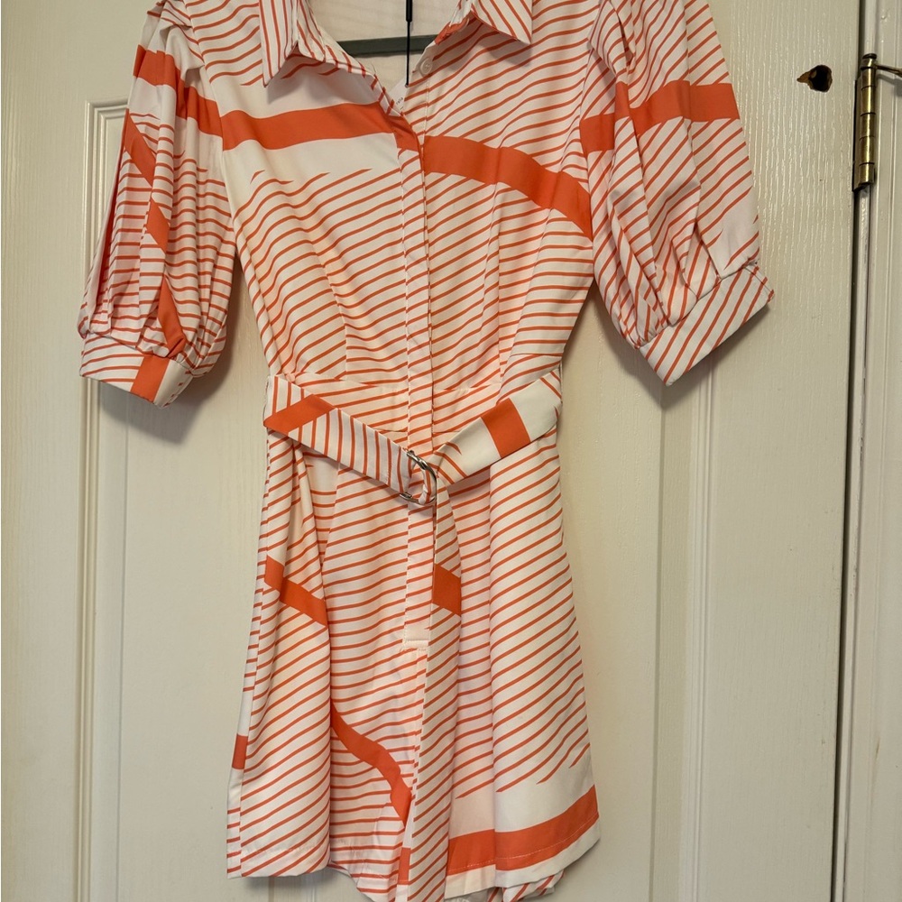 Orange and White Puff Sleeve Mini Dress with Notched Collar
